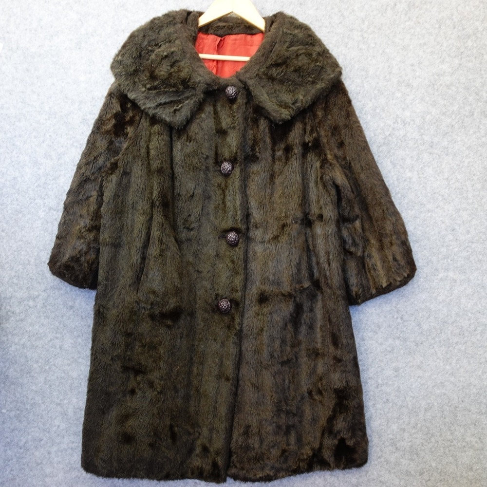Vintage 70s Swing Coat Womens XL Dark Brown Beaver Faux Fur Mob‎ Wife USA Made